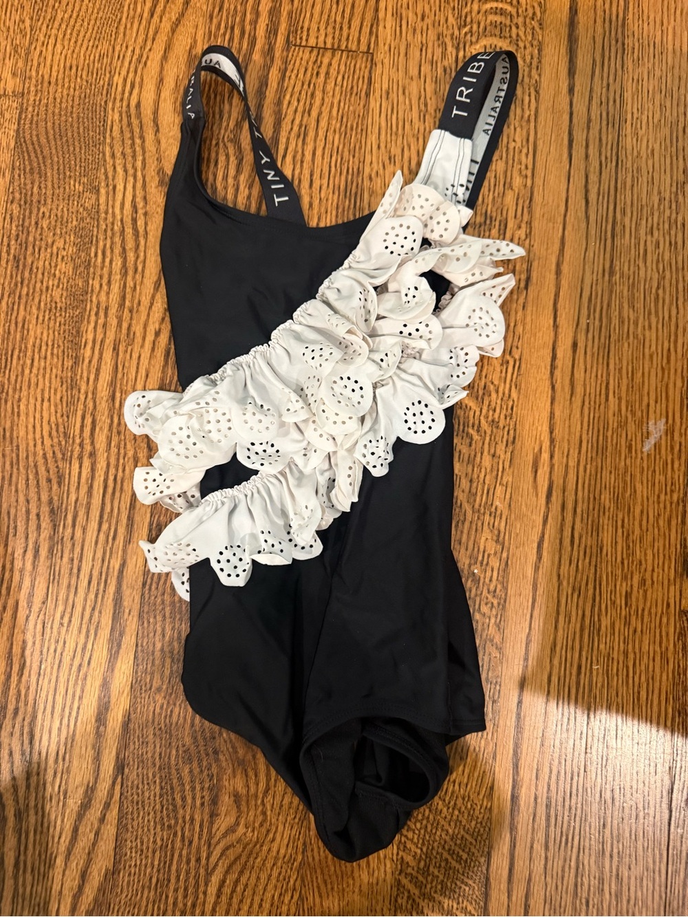 Tribal Kids Black One-Piece Swimsuit with White Eyelet Ruffle